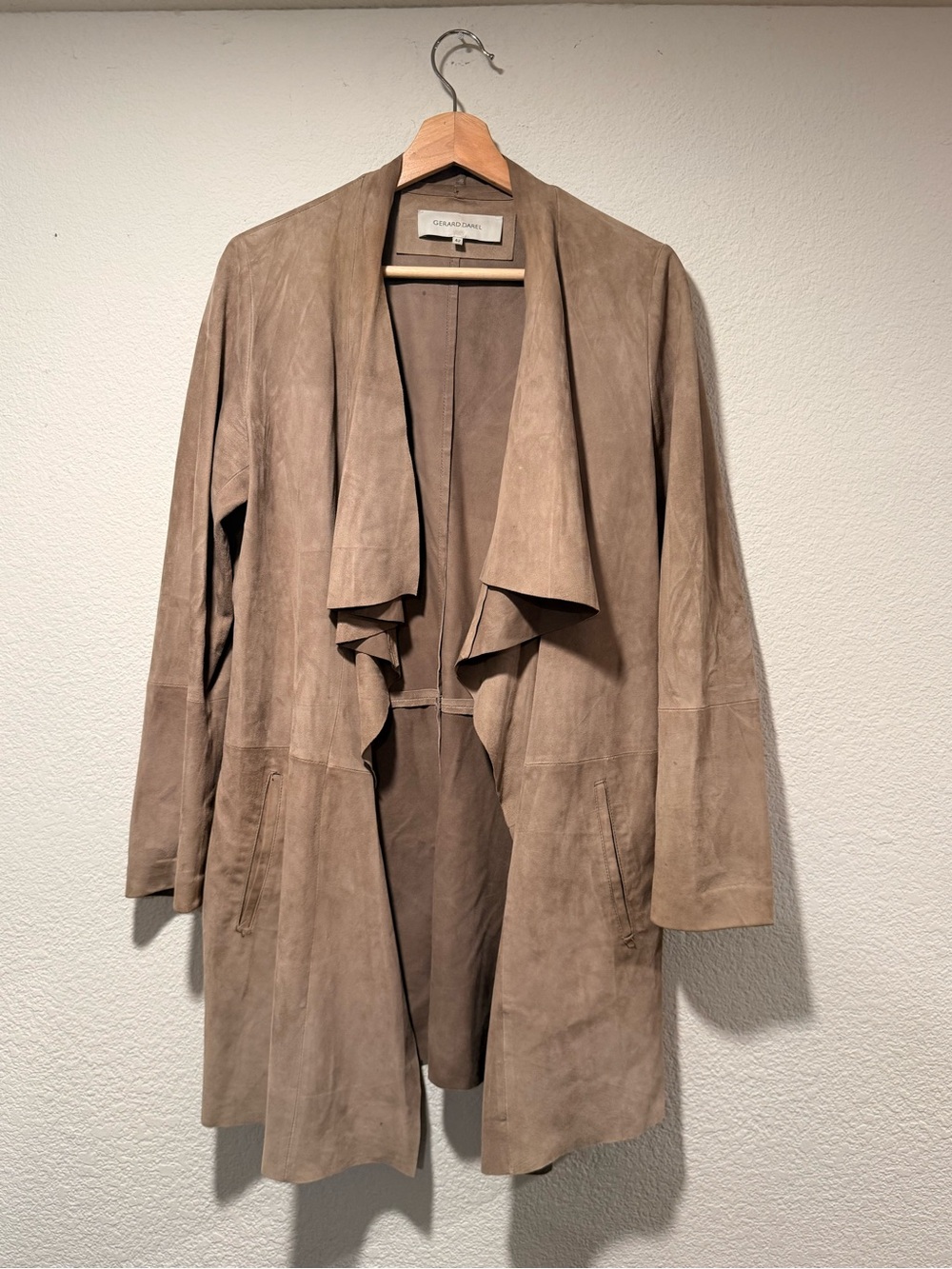 GERARD DAREL Taupe Suede Draped Trench Coat